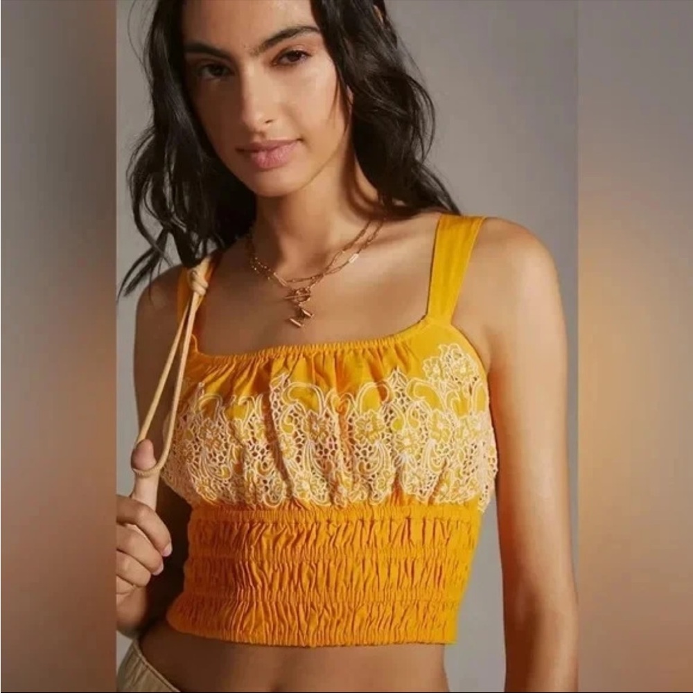 Anthropologie Smocked Orange Embroidered Floral Crop Tank Small